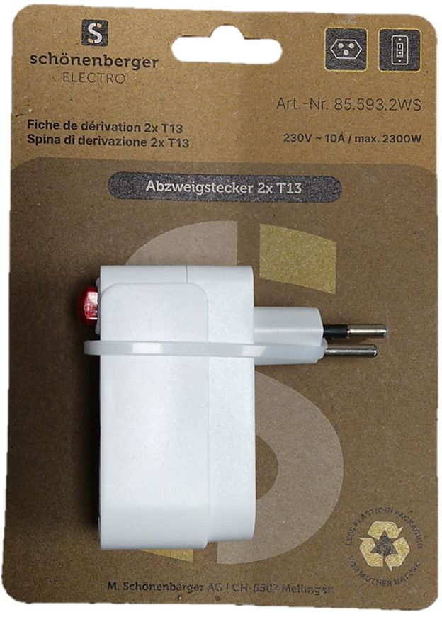 Abzweigstecker 2x T13 mit Schalter - 2xT13, T12 Stecker, integrierter Leuchtschalter, weiss, mit Kinderschutz