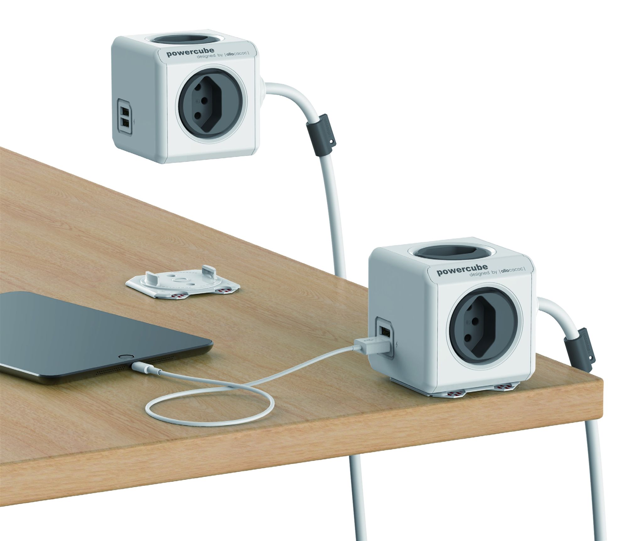 PowerCube Extended USB grau - 4xT13, 2xUSB-A max. 2.1 A, 1.5m Zuleitung T12-Stecker, inkl. Halterung + Klebestreifen, Kinderschutz