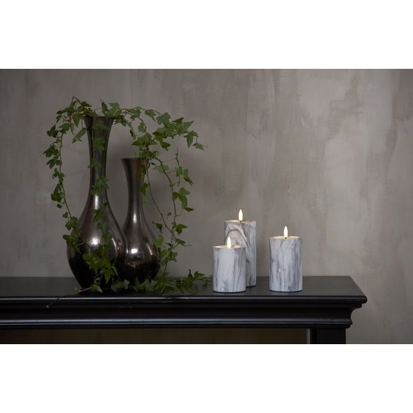LED Pillar Kerze Flamme Marble - Indoor, Grau, 15cm, Timerfunktion