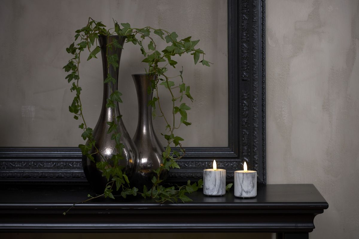 LED Pillar Kerze 2P Flamme Marble - Indoor, Grau, 9cm, Timerfunktion