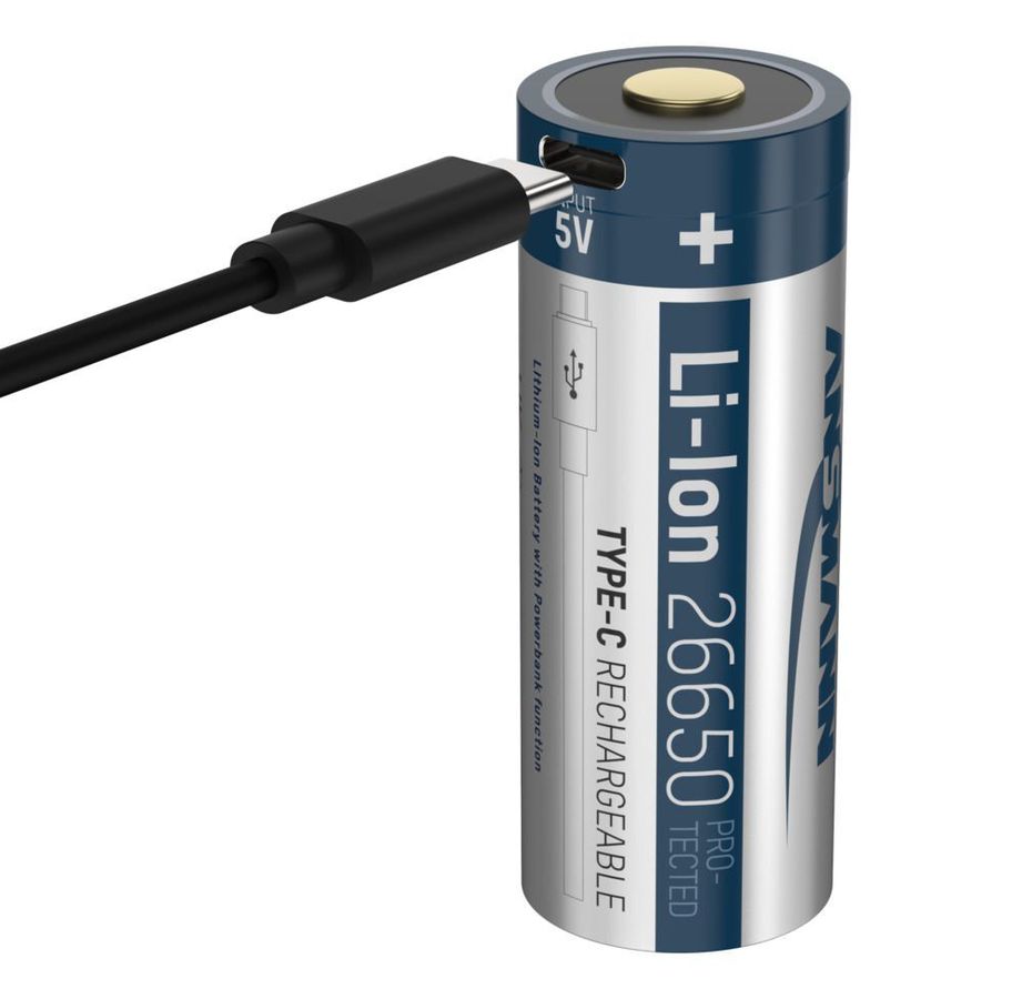 Li-Ion Akku 26650 5100 mAh mit USB Typ-C Ladebuchse - Li-Ion Akku 26650 5100 mAh, 3.6V, silber, geschützter Akku aufgrund Sicherheitsbeschaltung