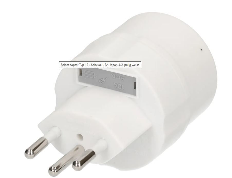 Adaptateur CH - Schuko - Schuko nach Schweiz T12, 10A - 250V, weiss