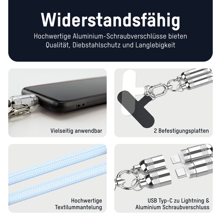 Lanyard Kabel USB Typ-C zu Lightning - 120 cm, blau