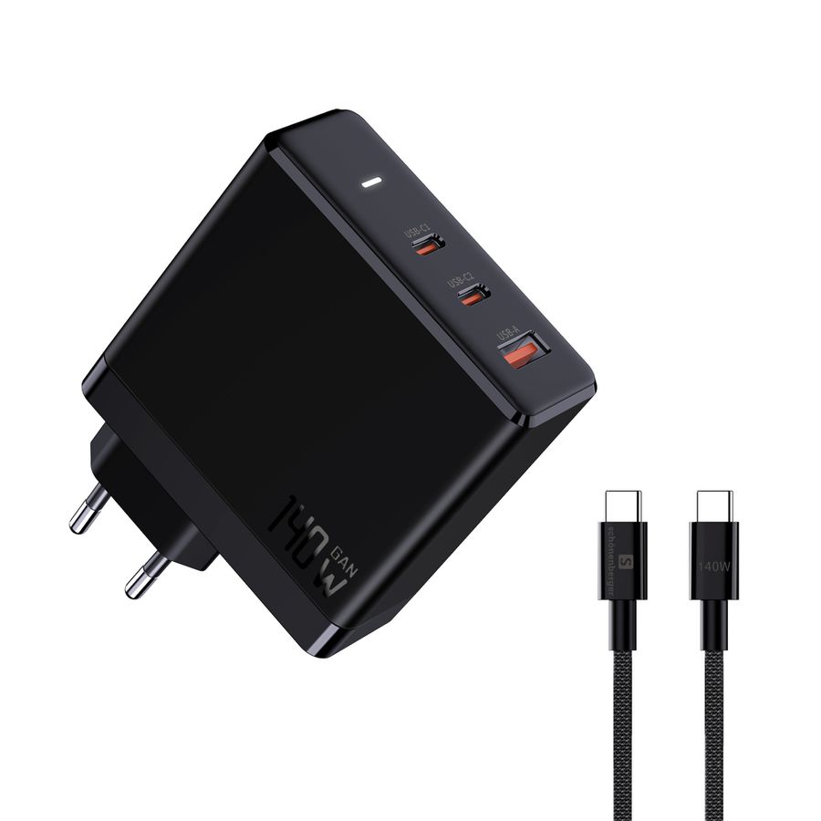 Fast Charger 140W GaN 3-Port - Out: USB-C1: 140W PD, USB-C2: 100W PD, USB-A: 60W inkl. 1.0m 140W USB-C to C Kabel, schwarz