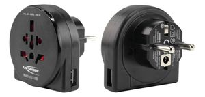 Reisestecker World to EU + USB - mit Schutzleiter für Geräte der Schutzklasse I & II, für Reisen in Länder mit Schuko-Steckdose