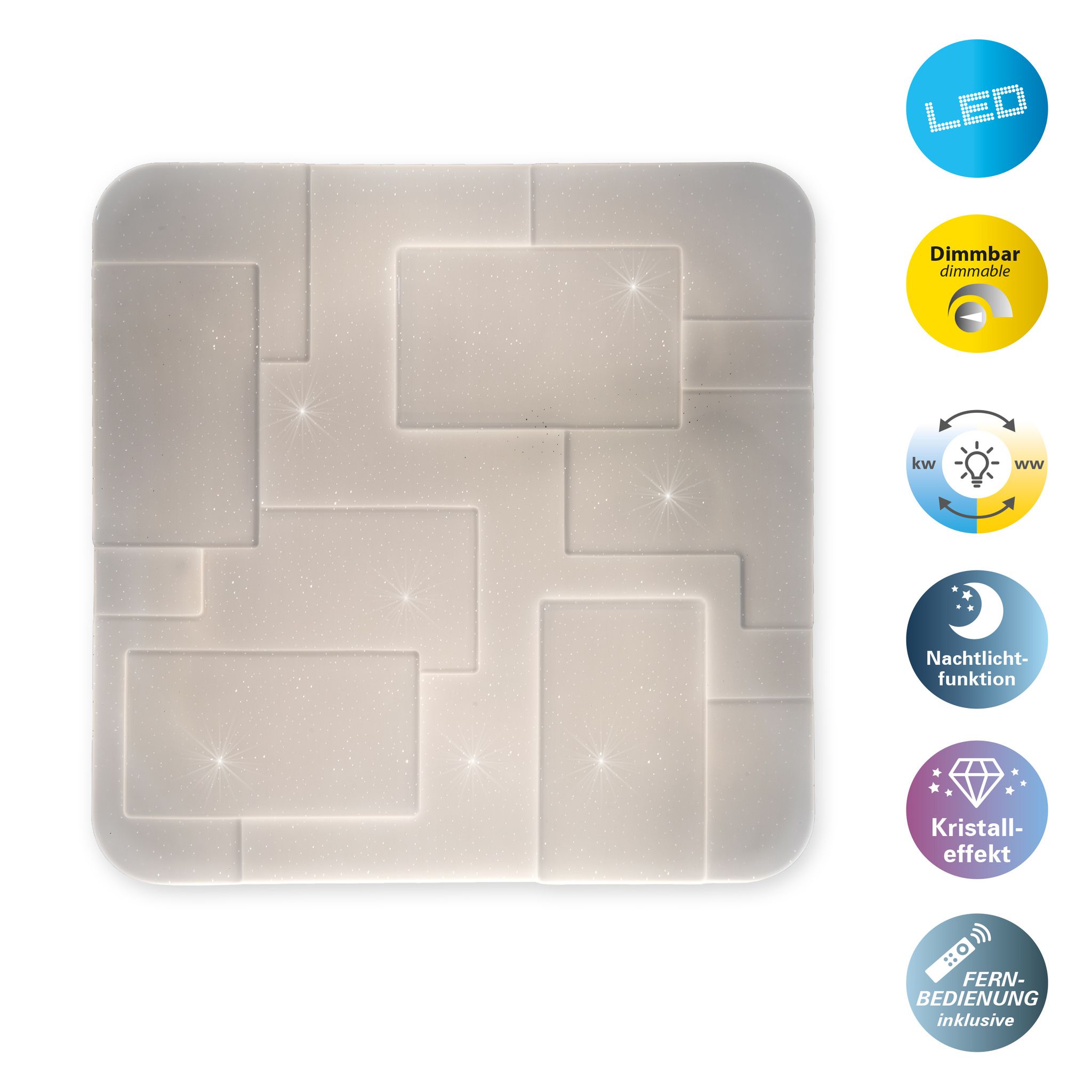 LED Deckenleuchte Luxor 54x54cm Kristalleffekt - LED fest verbaut, 2700-6500K, warm-kaltweiss