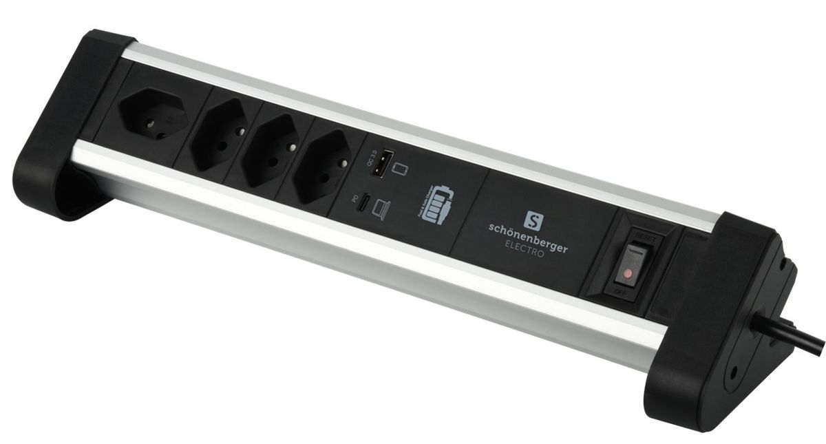 ALU Tisch-Steckdosenleiste NOTEBOOK - 4xT13,1x USB-C 1x USB-A PD 60W, 2.0m Kabel, Stecker T12, Aluminium/schwarz