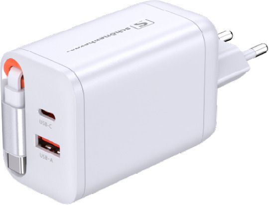 67W GaN 2-Port Fast Charger integr. USB-C Cable - Out: USB-C / USB-A: 67W PD, integriertes 70cm USB-C Kabel, weiss