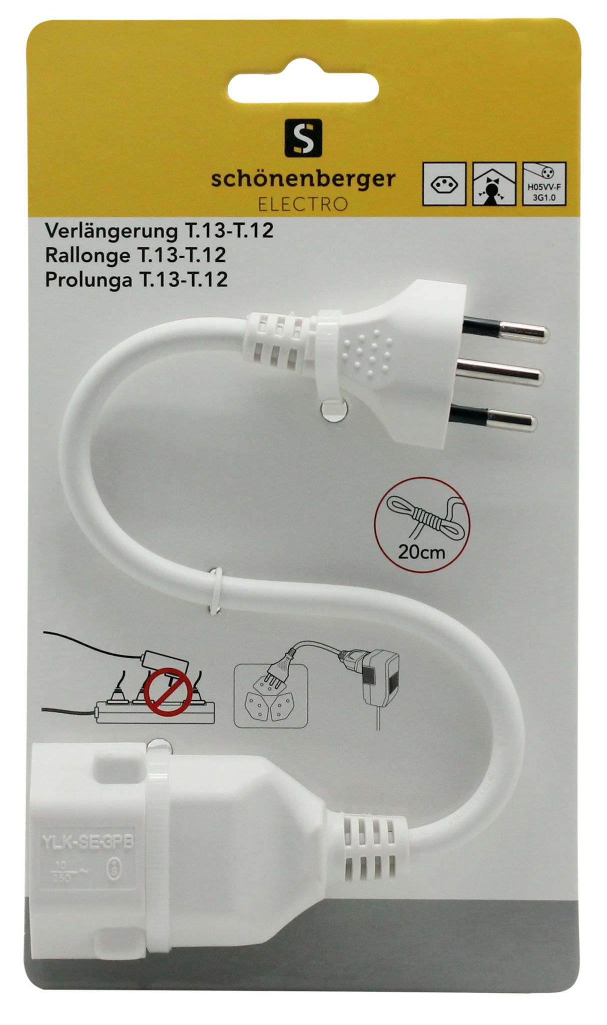 Verlängerungskabel 3-Polig - Stecker T12/Kupplung T13, 20cm H05VV-F 3G1.0mm2, Kinderschutz, weiss