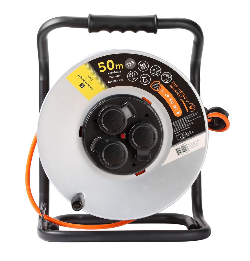 Kabelrolle Metall T13 IP55 50m - EPR-PUR H07BQ-F 3G1.5mm2 3xT13 Steckdosen