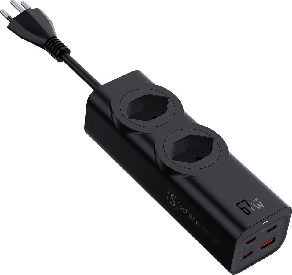 67W GaN Fast Charging Station - 2x T13, Out: USB-C1/ C2/ C3: 67W PD, C1+C2 shared: 45W + C3: 20W, USB-A: 5W, GaN, 1.5m Kabel,schwarz