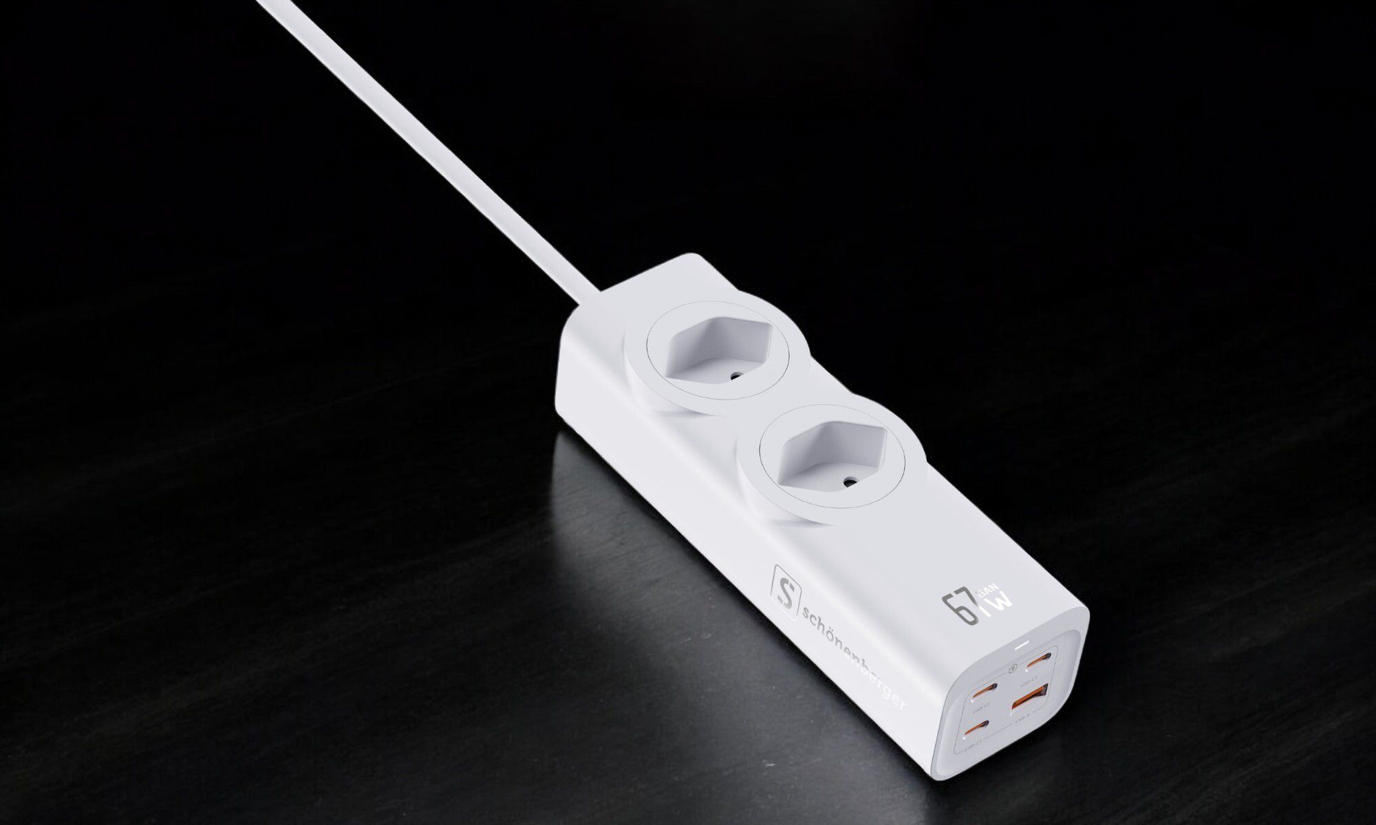67W GaN Fast Charging Station - 2x T13, Out: USB-C1/ C2/ C3: 67W PD, C1+C2 shared: 45W + C3: 20W, USB-A: 5W, GaN, 1.5m Kabel, weiss