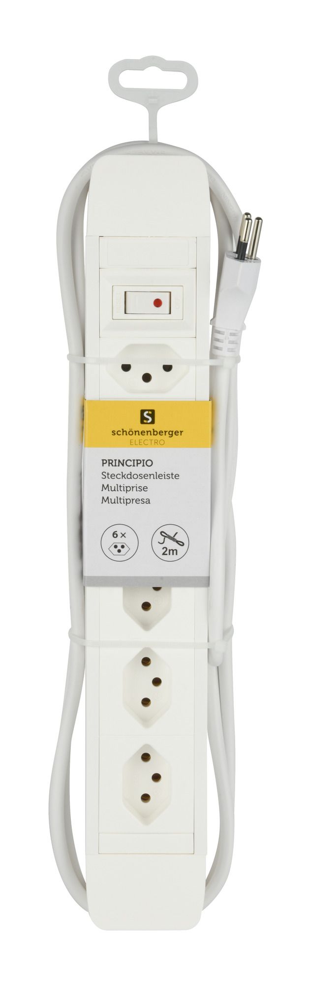Steckdosenleiste PRINCIPIO 3xH/3xV - 6x T13 (3x horizontal / 3x vertikal), 2.0m Kabellänge, Schalter, weiss
