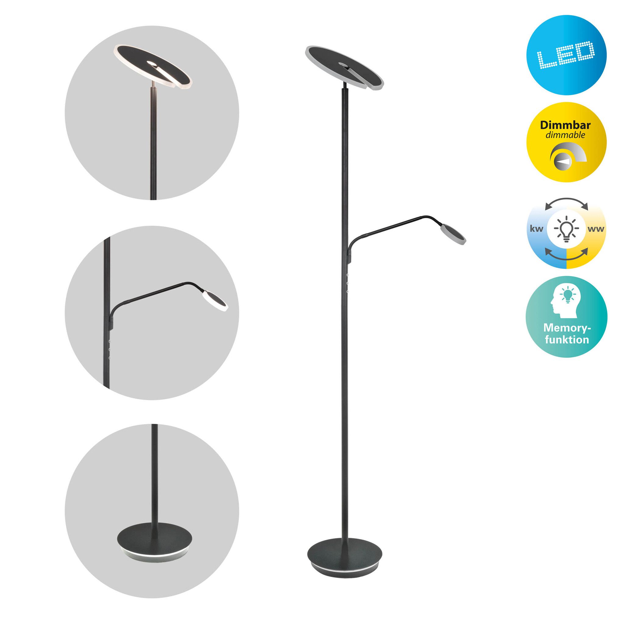 LED-CCT Stehleuchte  SAMIRO  inkl. Lesearm H: 180cm schwarz - IP20, LED-Modul, Schwarz