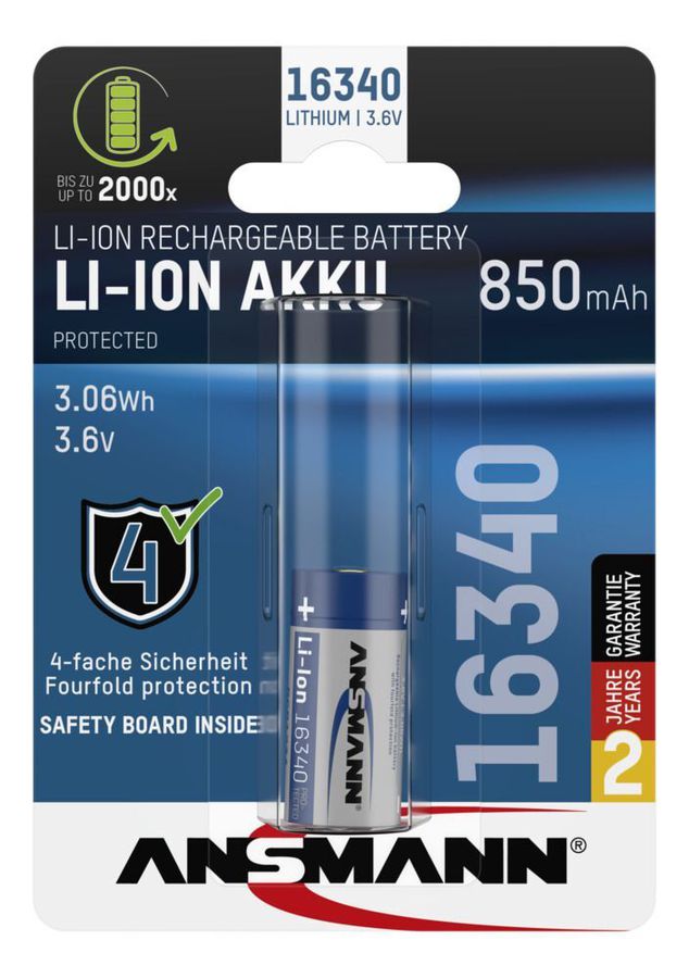 Li-Ion Akku 16340 - Akku Li-Ion, 16340, 3.6V, 850 mAh