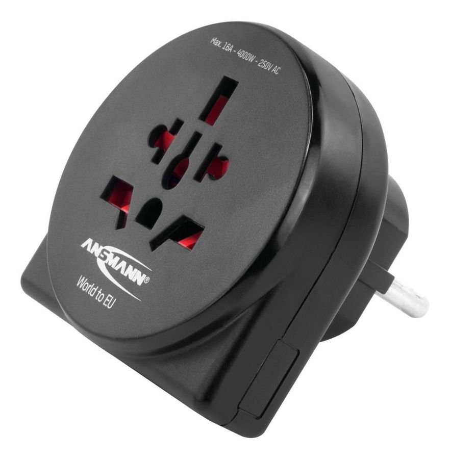 Reisestecker World to EU + USB - mit Schutzleiter für Geräte der Schutzklasse I & II, für Reisen in Länder mit Schuko-Steckdose