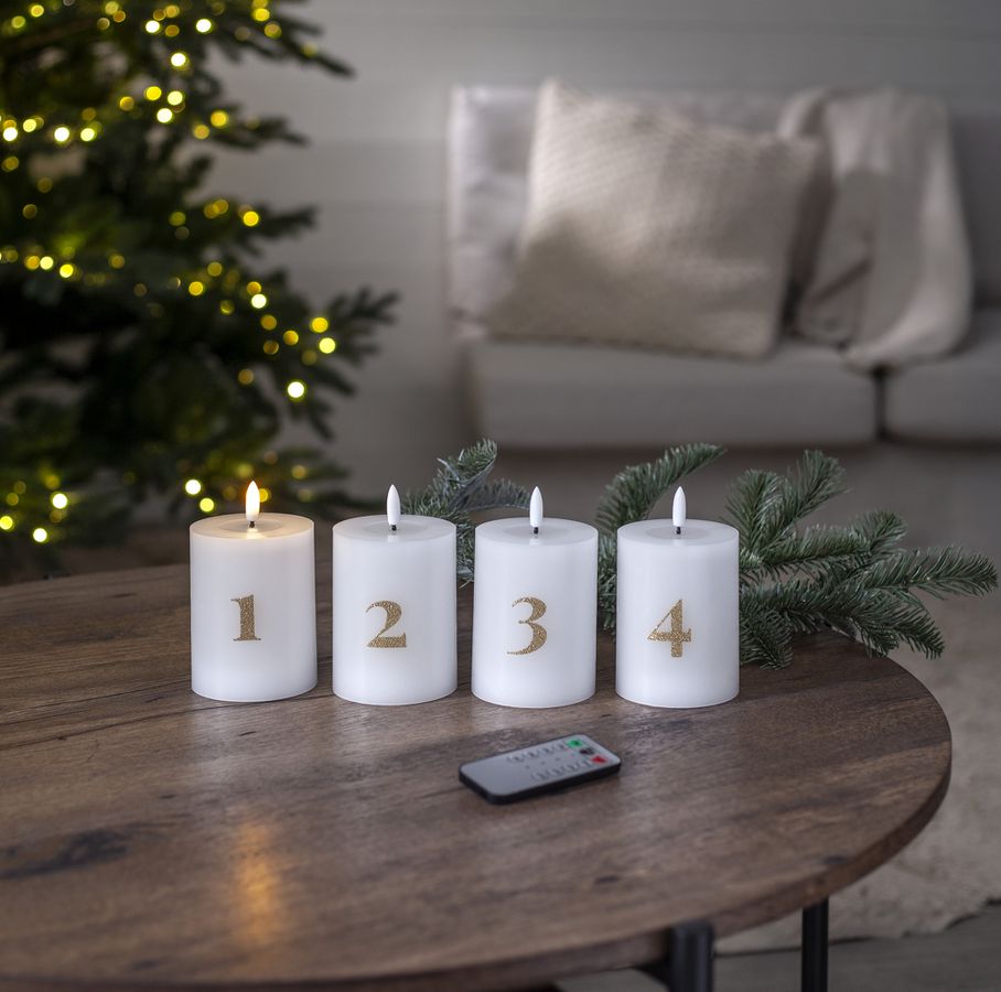 LED Pillar Kerze 4 pack Flamme Advent - Indoor, Weiss, 12.50 cm Höhe, Timerfunktion