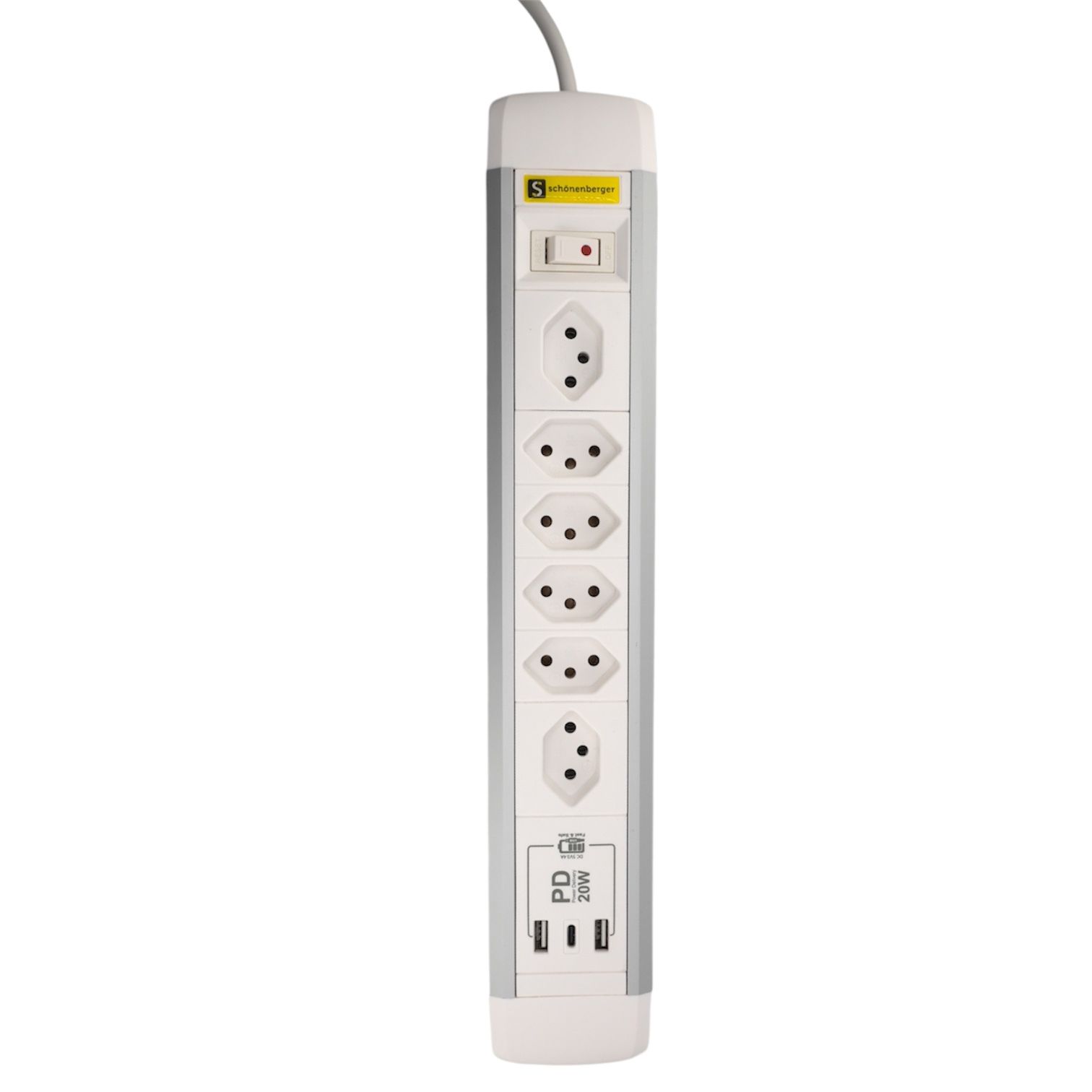 ALU Steckdosenleiste USB-C - 6xT13, 1x USB-C + 2x USB-A max. 3.4A - PD 20W, 2.0m Zuleitung, Stecker T12, Aluminium/weiss