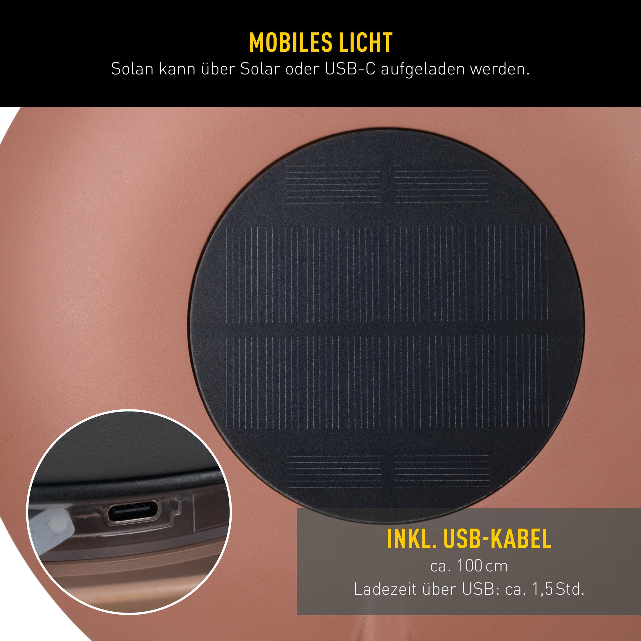 Solar- Tischleuchte Hängeleuchte SOLAN mocha mousse H: 41,5 cm - 3000K, 120lm, 1W, IP54