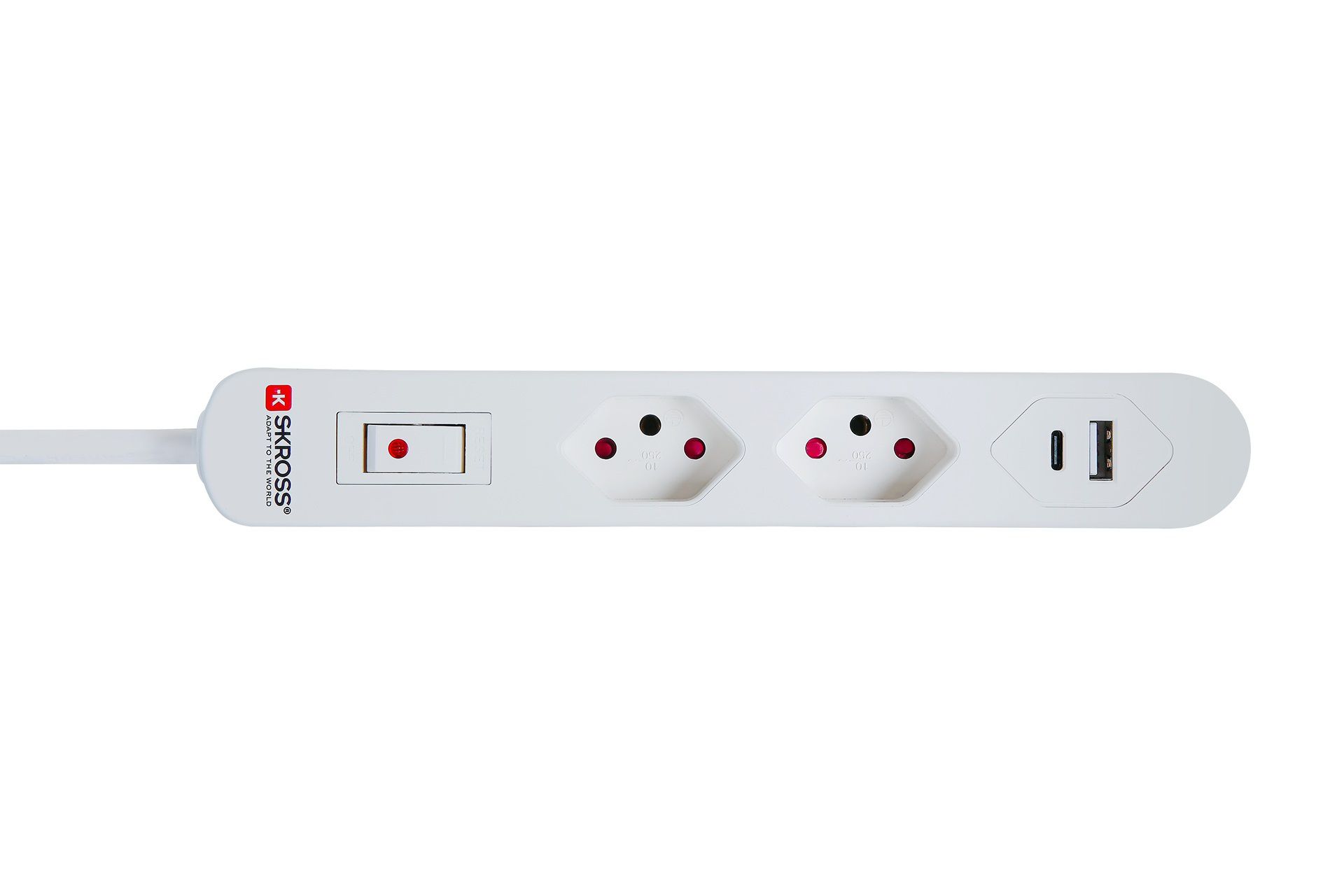 SKROSS Home Station USB-C - 1xUSB-C, 1xUSB-A 5.0V, max.3.4A 2xT13 quer, Flachstecker T12 mit Lasche, 1.5m Kabel, weiss