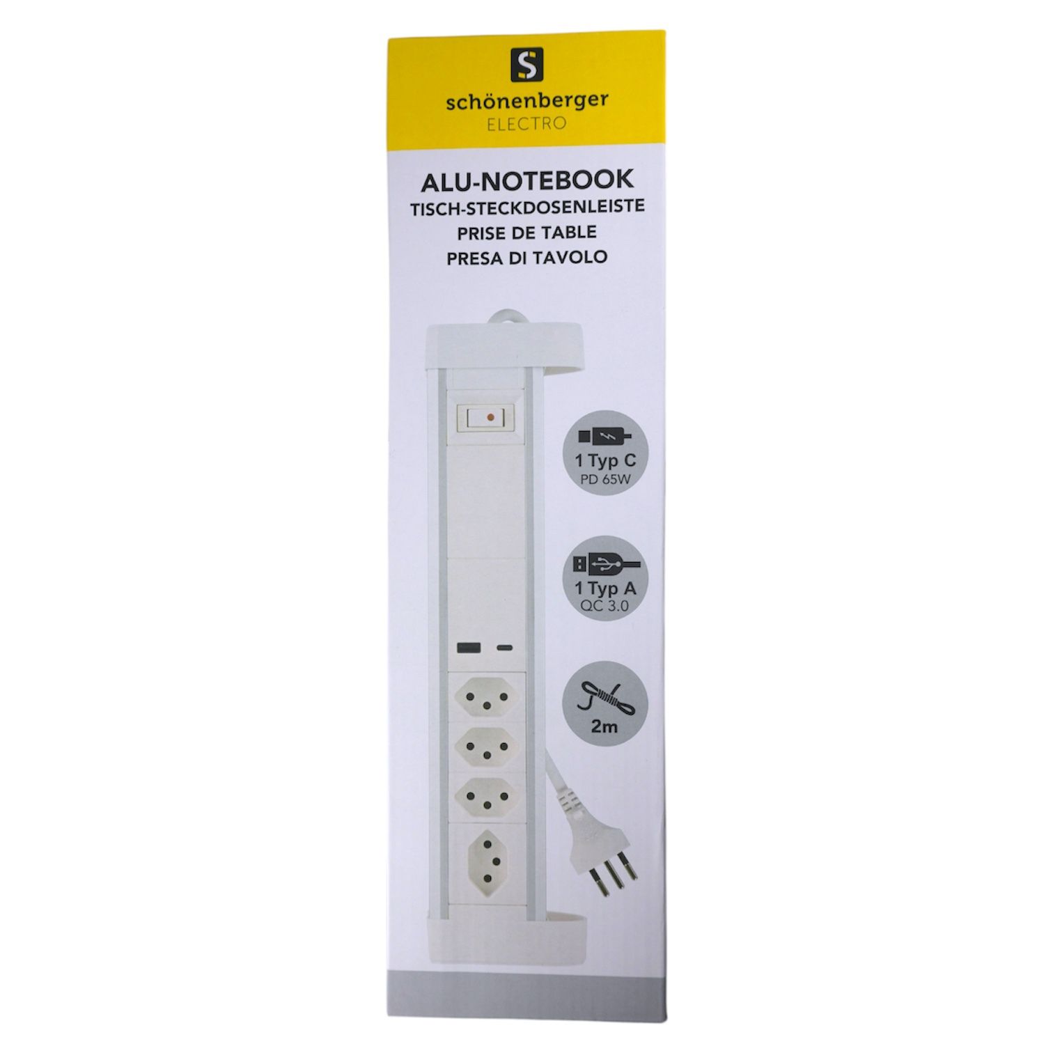 ALU Tisch-Steckdosenleiste NOTEBOOK - 4xT13,1x USB-C 1x USB-A PD 60W, 2.0m Kabel, Stecker T12, Aluminium/weiss