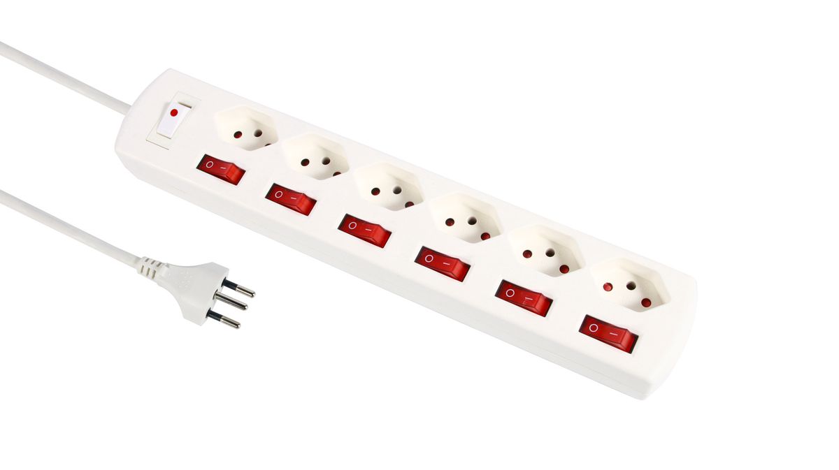 Steckdosenleiste Fix-Line+ MultiSwitch - 6xT13, 2.0m Kabel, einzeln schaltbar + Hauptschalter, weiss