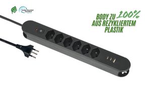 Steckdosenleiste Re:Life USB - 6x T13. 2x USB-C + 1x USB-A, 1.8m Kabel, schwarz
