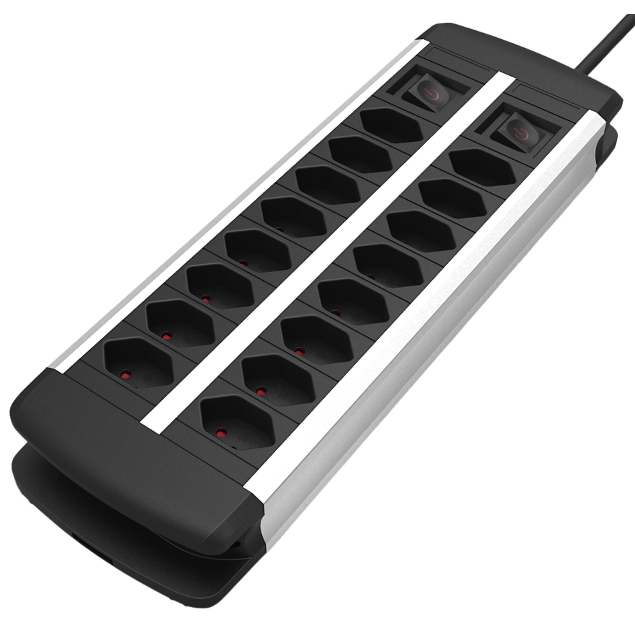 XXL ALU Steckdosenleiste - 16x T13, 3.0m Zuleitung H05VV-F 3G1.5mm2, 2x Schalter, Aluminium
