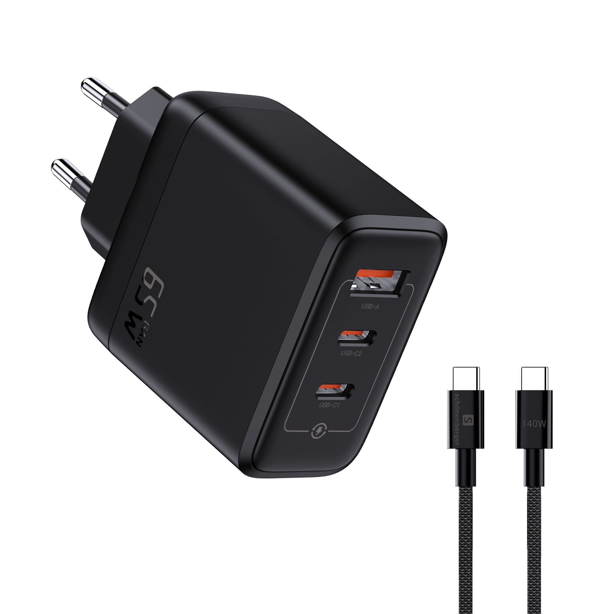 Fast Charger 65W GaN 3-Port - Out: USB-C1/C2: 65W PD, shared Max: 65W, USB-A: 60W, inkl. 1.0m 140W USB-C to C Kabel, schwarz