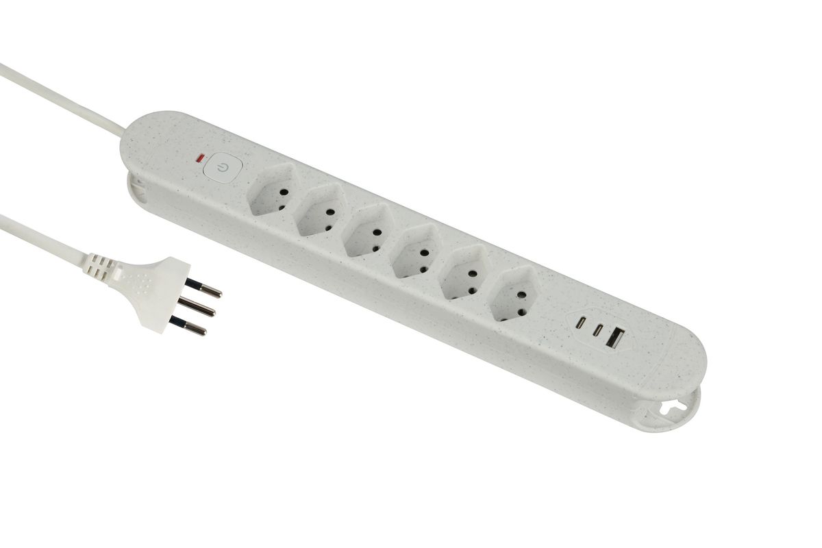 Steckdosenleiste Re:Life USB - 6x T13. 2x USB-C + 1x USB-A, 1.8m Kabel, weiss