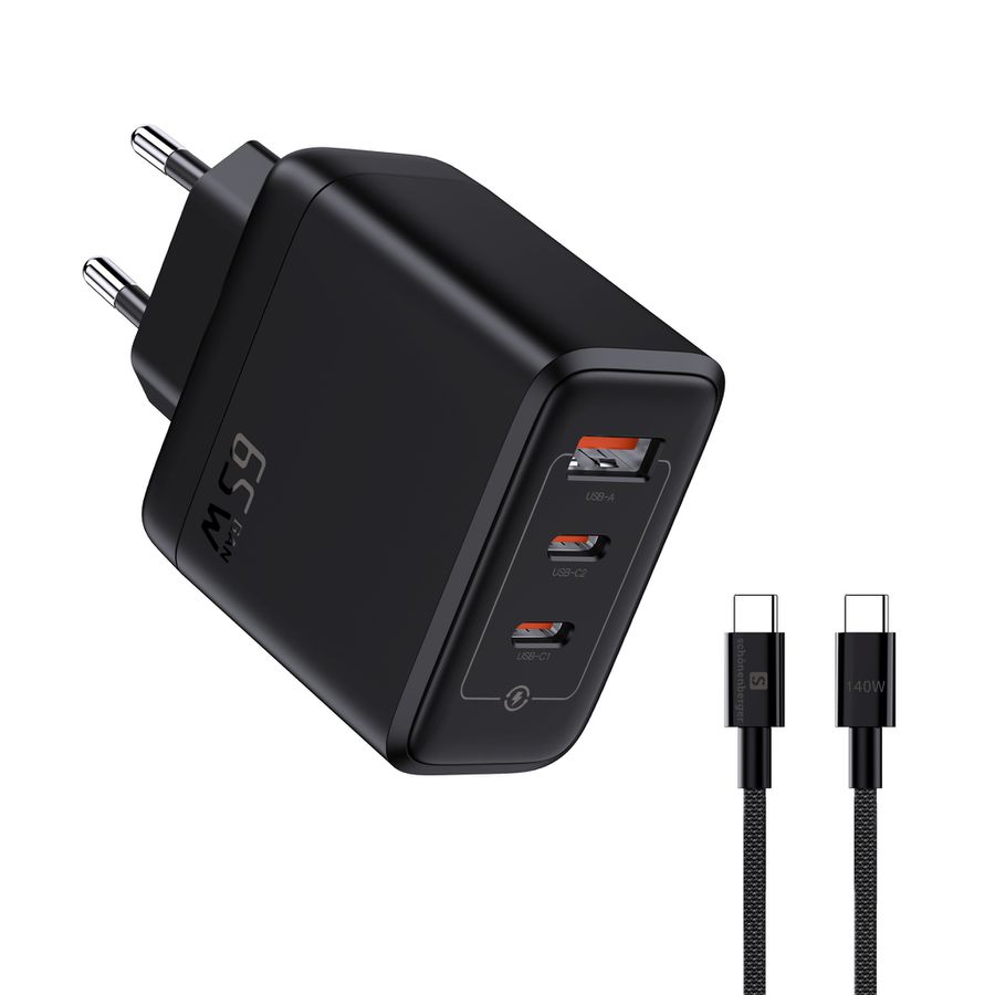 Fast Charger 65W GaN 3-Port - Out: USB-C1/C2: 65W PD, shared Max: 65W, USB-A: 60W, inkl. 1.0m 140W USB-C to C Kabel, schwarz