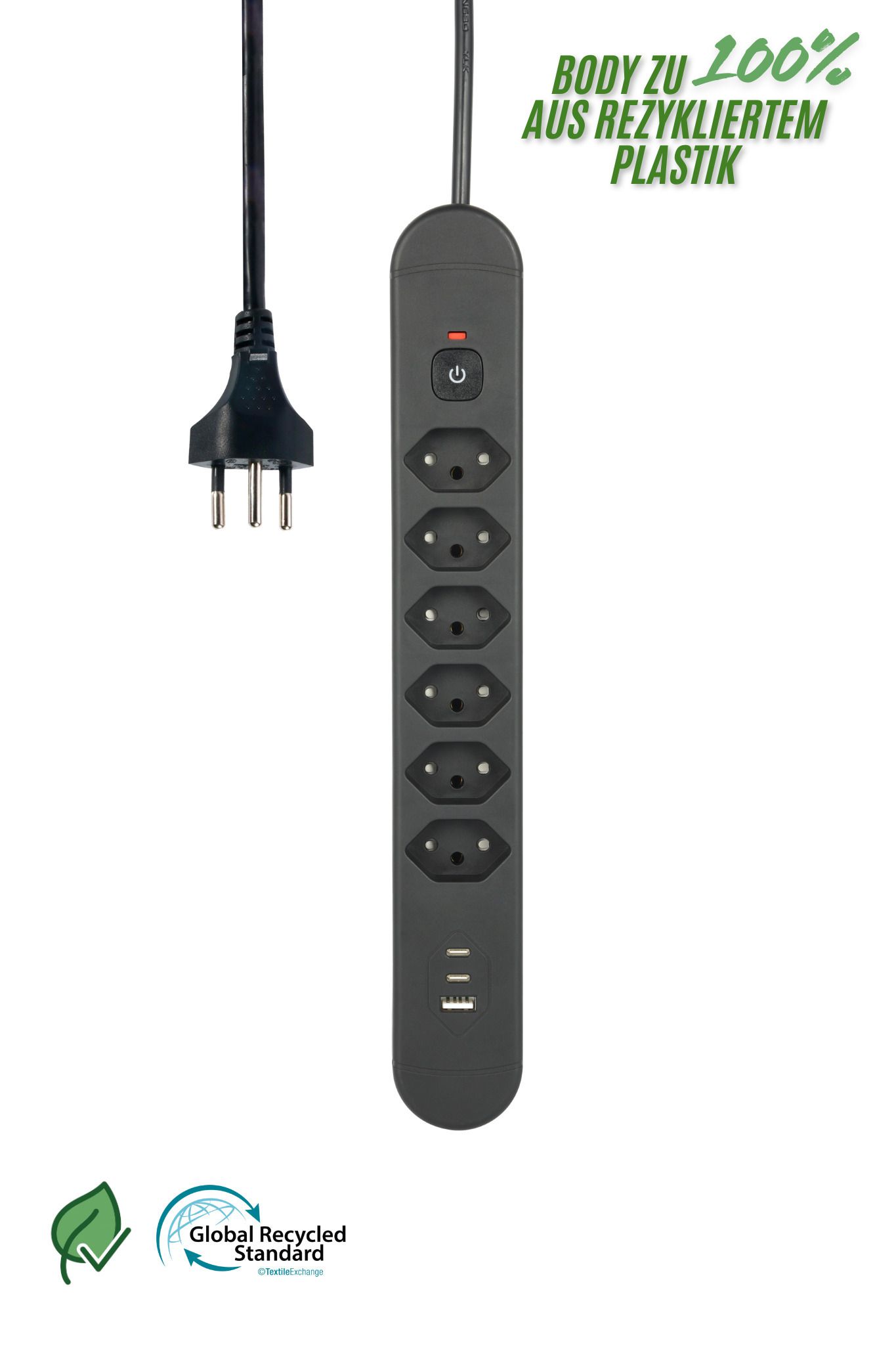 Steckdosenleiste Re:Life USB - 6x T13. 2x USB-C + 1x USB-A, 1.8m Kabel, schwarz