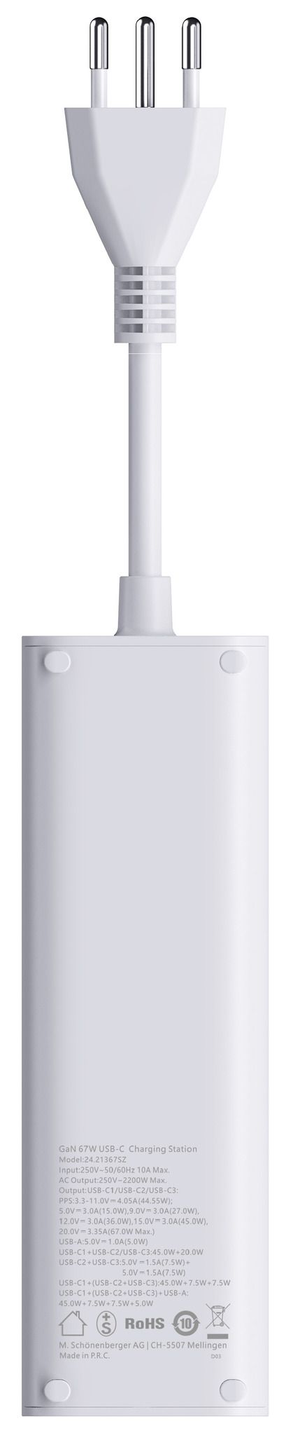 67W GaN Fast Charging Station - 2x T13, Out: USB-C1/ C2/ C3: 67W PD, C1+C2 shared: 45W + C3: 20W, USB-A: 5W, GaN, 2m Kabel, weiss