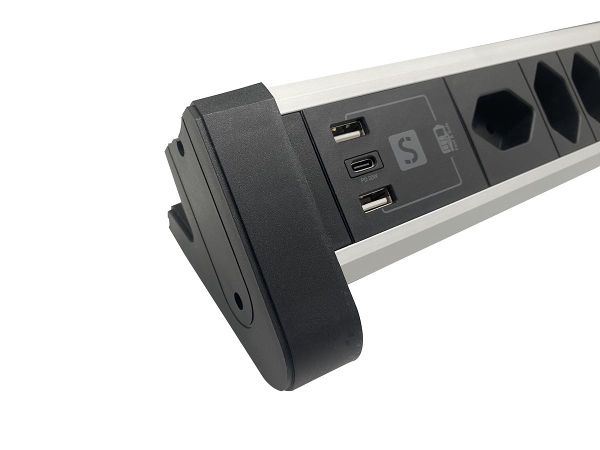 ALU DESKTOP USB-C - 4xT13, 1x USB-C / 2x USB-A max. 3.4A / PD 20W, 2.0m Zuleitung, schwarz
