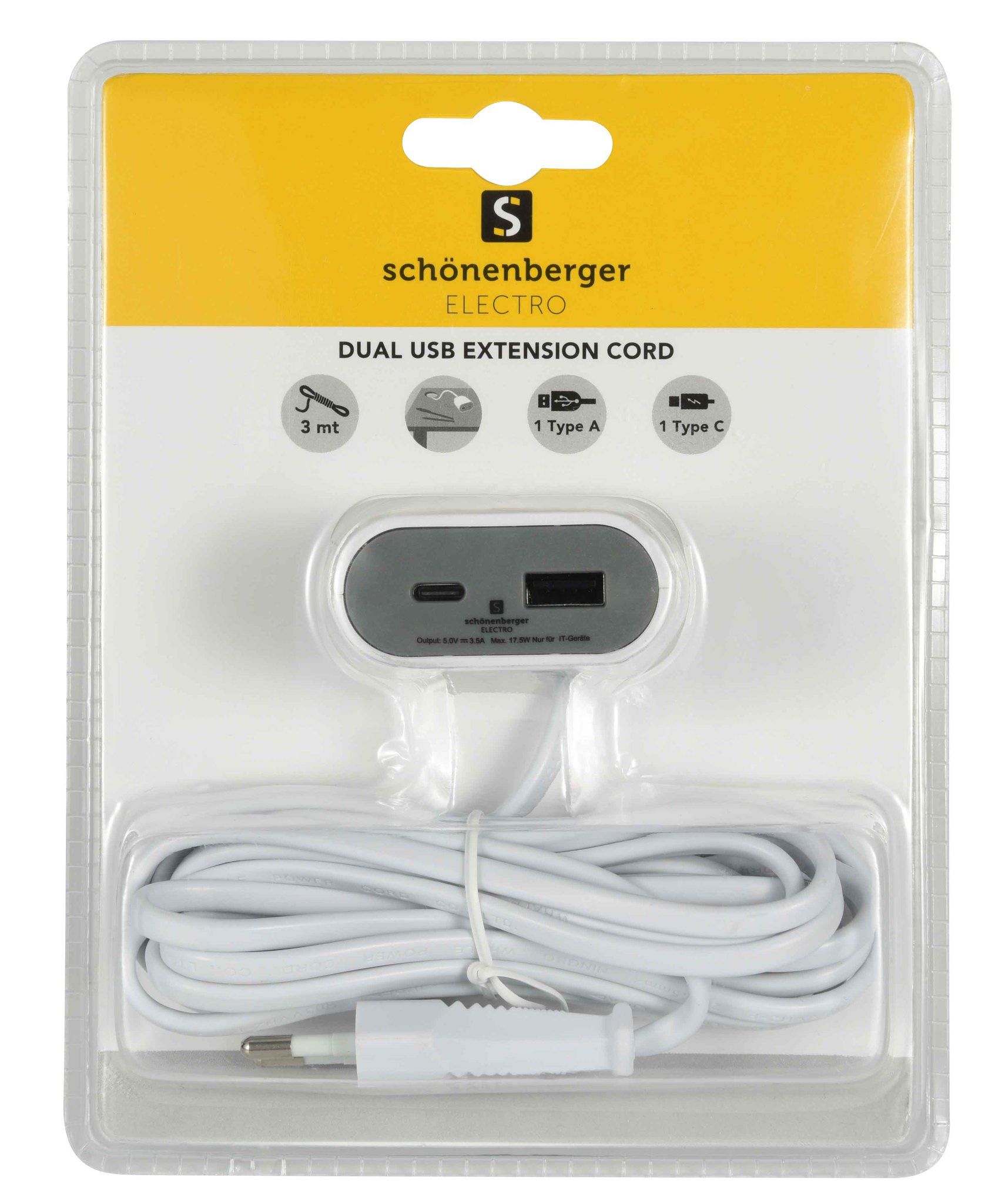 Dual USB Verlängerung USB-C+A - 1x USB-C - 1x USB-A, Total max. 3.5A / 17.5W, Eurostecker T11, 3m Kabel, weiss/grau