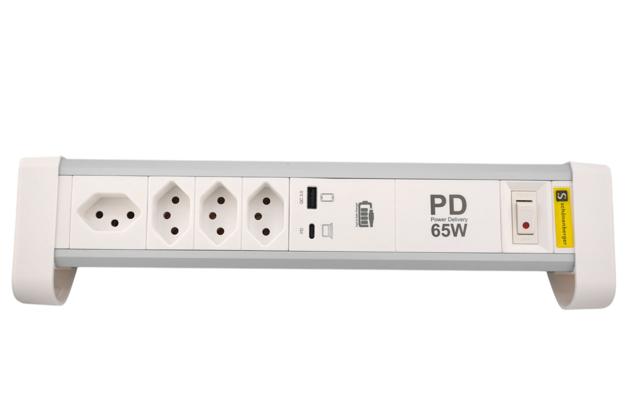 ALU Tisch-Steckdosenleiste NOTEBOOK - 4xT13,1x USB-C 1x USB-A PD 60W, 2.0m Kabel, Stecker T12, Aluminium/weiss