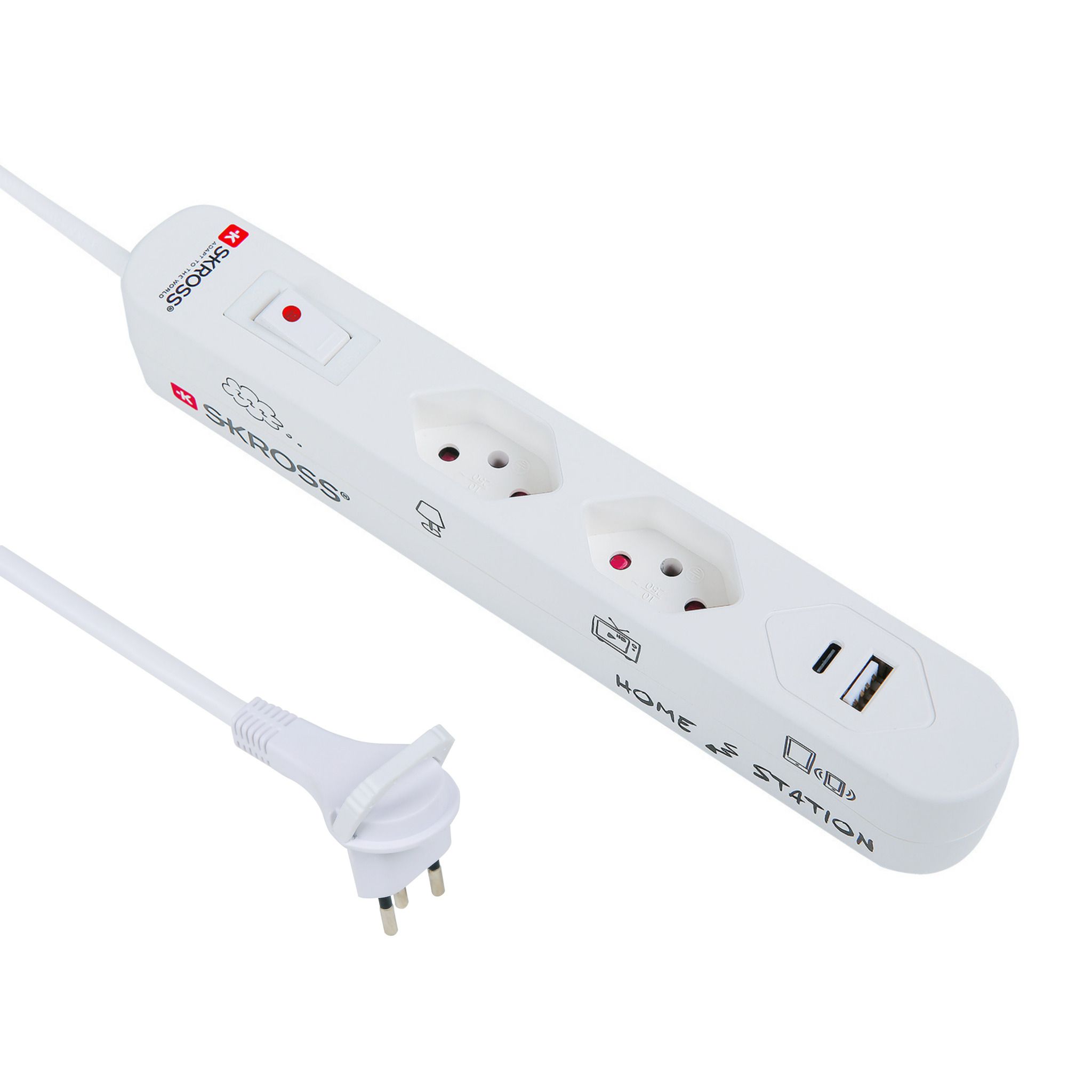 SKROSS Home Station USB-C - 1xUSB-C, 1xUSB-A 5.0V, max.3.4A 2xT13 quer, Flachstecker T12 mit Lasche, 1.5m Kabel, weiss