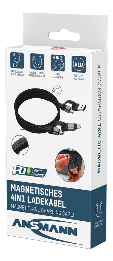 Magnetisches Kabel USB-A oder USB-C auf USB-C oder Lightning - 120 cm,  schwarz