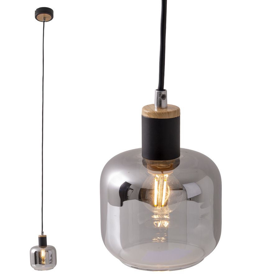Singel Pendelleuchte FUMOSO - E14, max. 1x40W, IP20, schwarz + holz, nicht dimbar, exkl. Leuchtmittel, D=130mm, H=1200mm