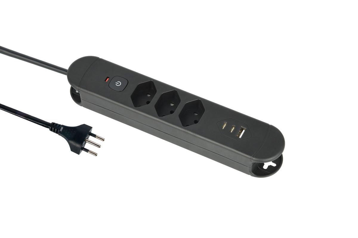Steckdosenleiste Re:Life USB - 3x T13. 2x USB-C + 1x USB-A, 1.8m Kabel, schwarz