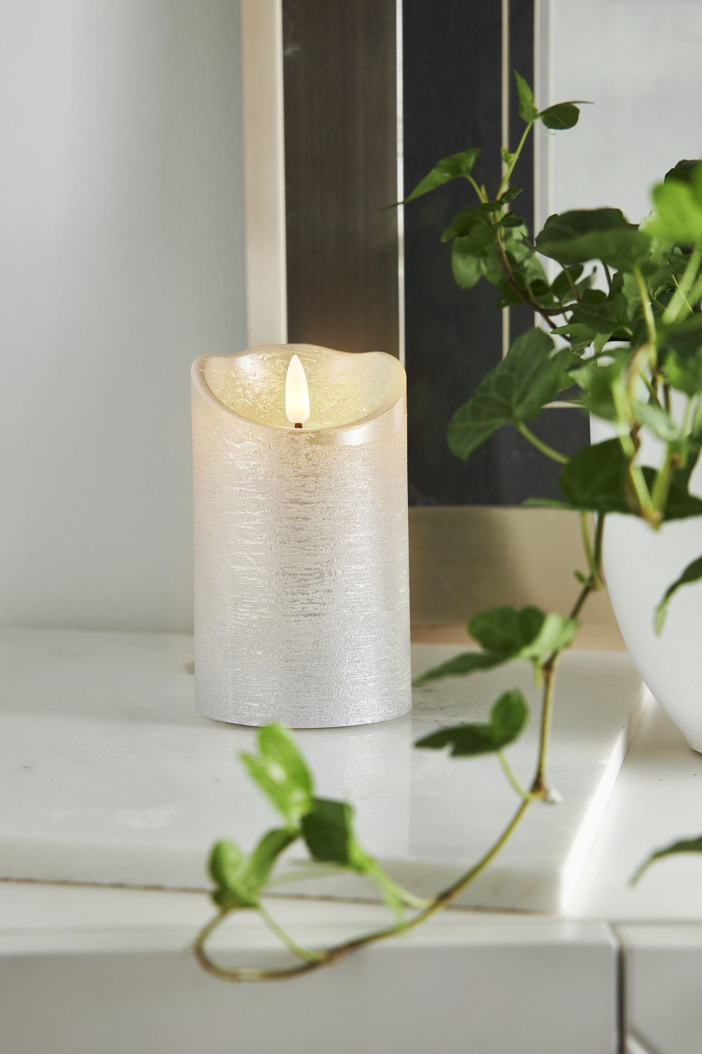 LED Pillar Kerze Flamme Rustic - Indoor, Silber, 12.50 cm Höhe,  Timerfunktion
