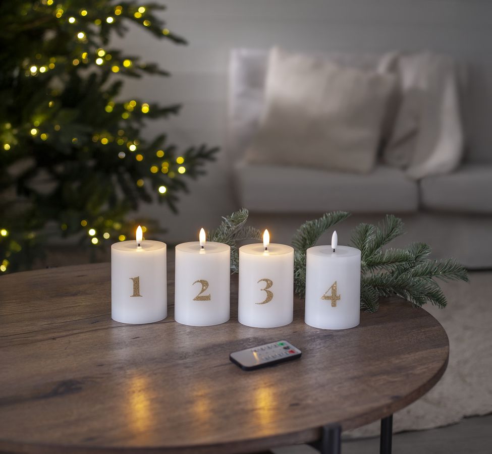 LED Pillar Kerze 4 pack Flamme Advent - Indoor, Weiss, 12.50 cm Höhe, Timerfunktion