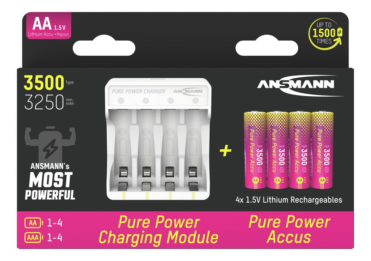 Pure Power Set 4× Mignon AA Akkus und Lademodul - Lithium-Ladegerät