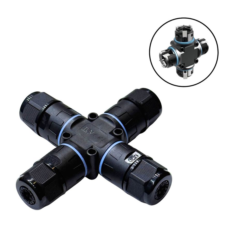 Kreuz-Schnellanschlussklemme - IP68, ohne Schrauben, 3P, Leiterquers. 0.5–2.5mm², KabelØ 5-9mm und 9-12mm, 450 V/24A, M20