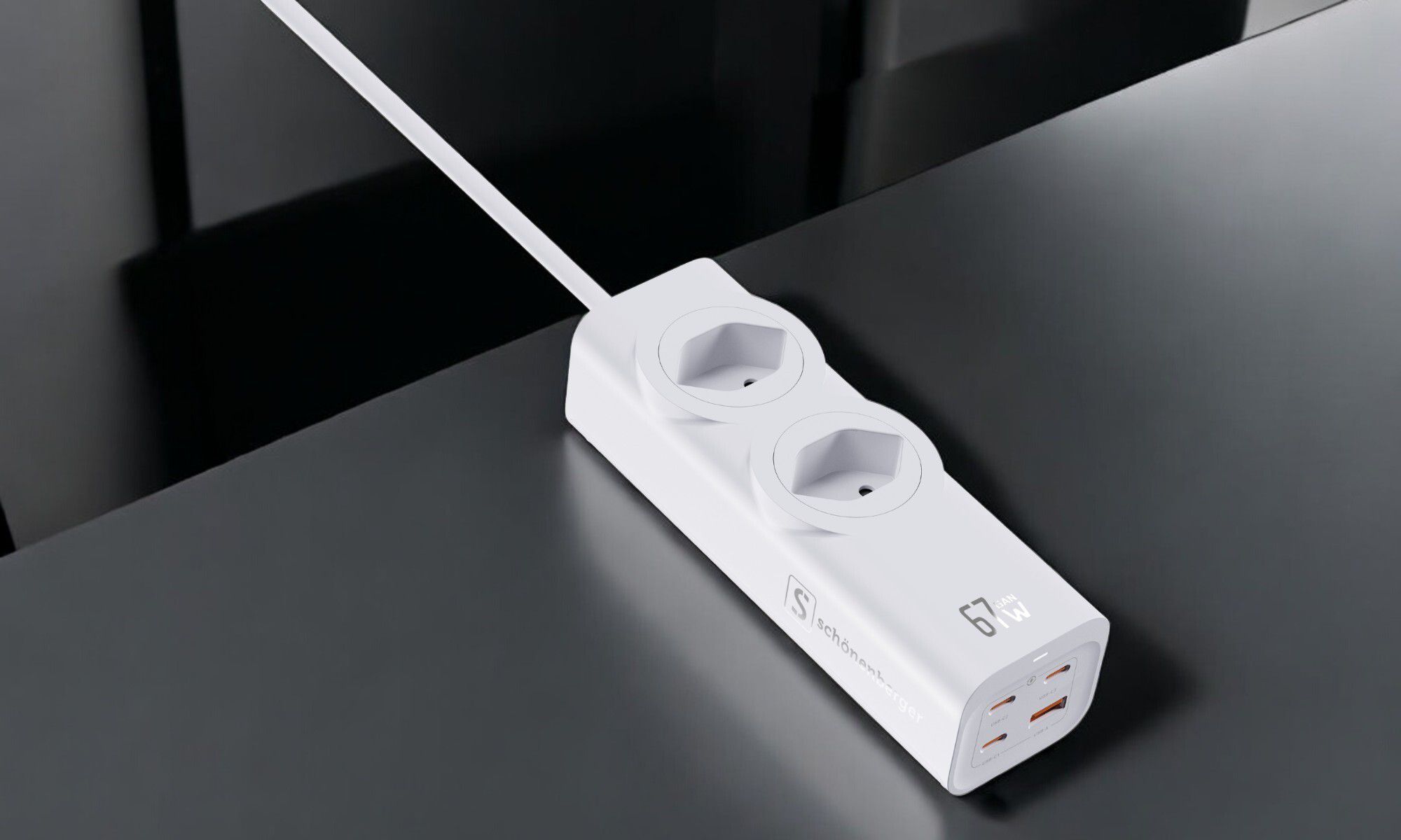 67W GaN Fast Charging Station - 2x T13, Out: USB-C1/ C2/ C3: 67W PD, C1+C2 shared: 45W + C3: 20W, USB-A: 5W, GaN, 1.5m Kabel, weiss