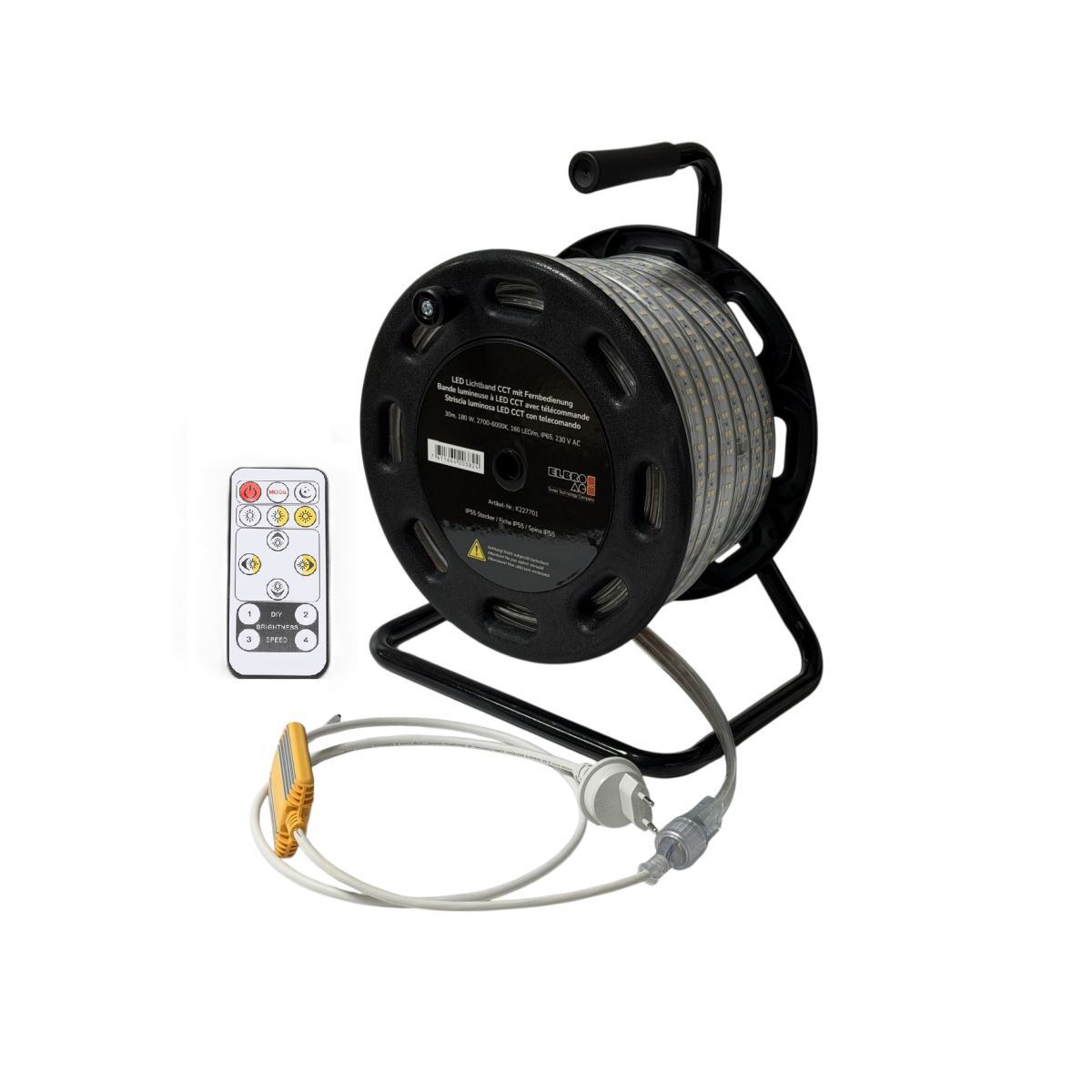 LED Lichtband FLEX 30 inkl. zwei Anschlusskabel IP55 2-polig - 30m, einseitig, auf Bobine, 160 LED/m, 180W,  2700K-6000K, IP65, Stecker IP55, 230V