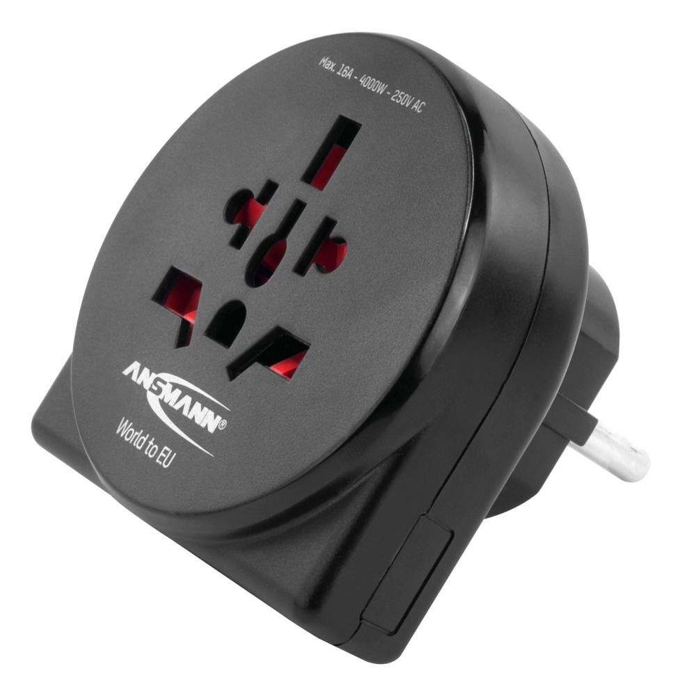 Reisestecker World to EU + USB - mit Schutzleiter für Geräte der Schutzklasse I & II, für Reisen in Länder mit Schuko-Steckdose