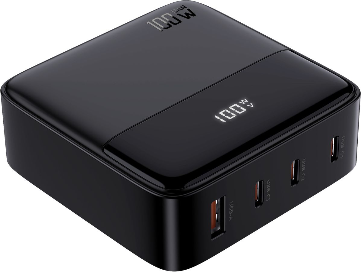 Desktop USB-Charger 100W GaN - Out: USB-C1/ C2/ C3: 100W PD, USB-A: 60W, shared Max. 95W, inkl. 1.0m 140W USB-C to C Kabel, schwarz