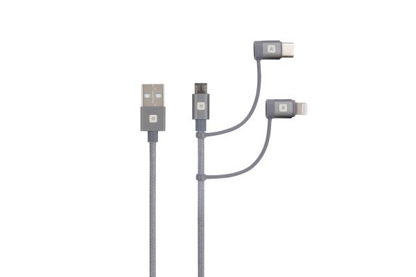 3in1 Cable - 1.2m - 3in1 Kabel mit Micro-USB + Lightning- & USB-C Connector, 1.2m, Apple zertifiziert, grau