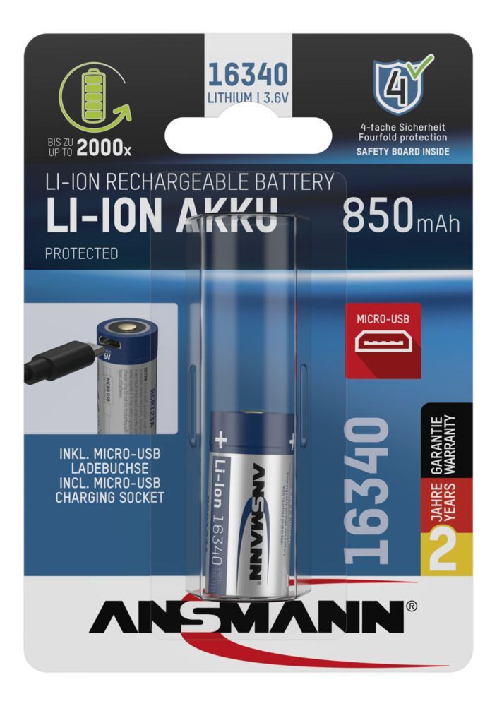 Li-Ion Akku 16340 - Akku Li-Ion, 16340, 3.6V, 850 mAh